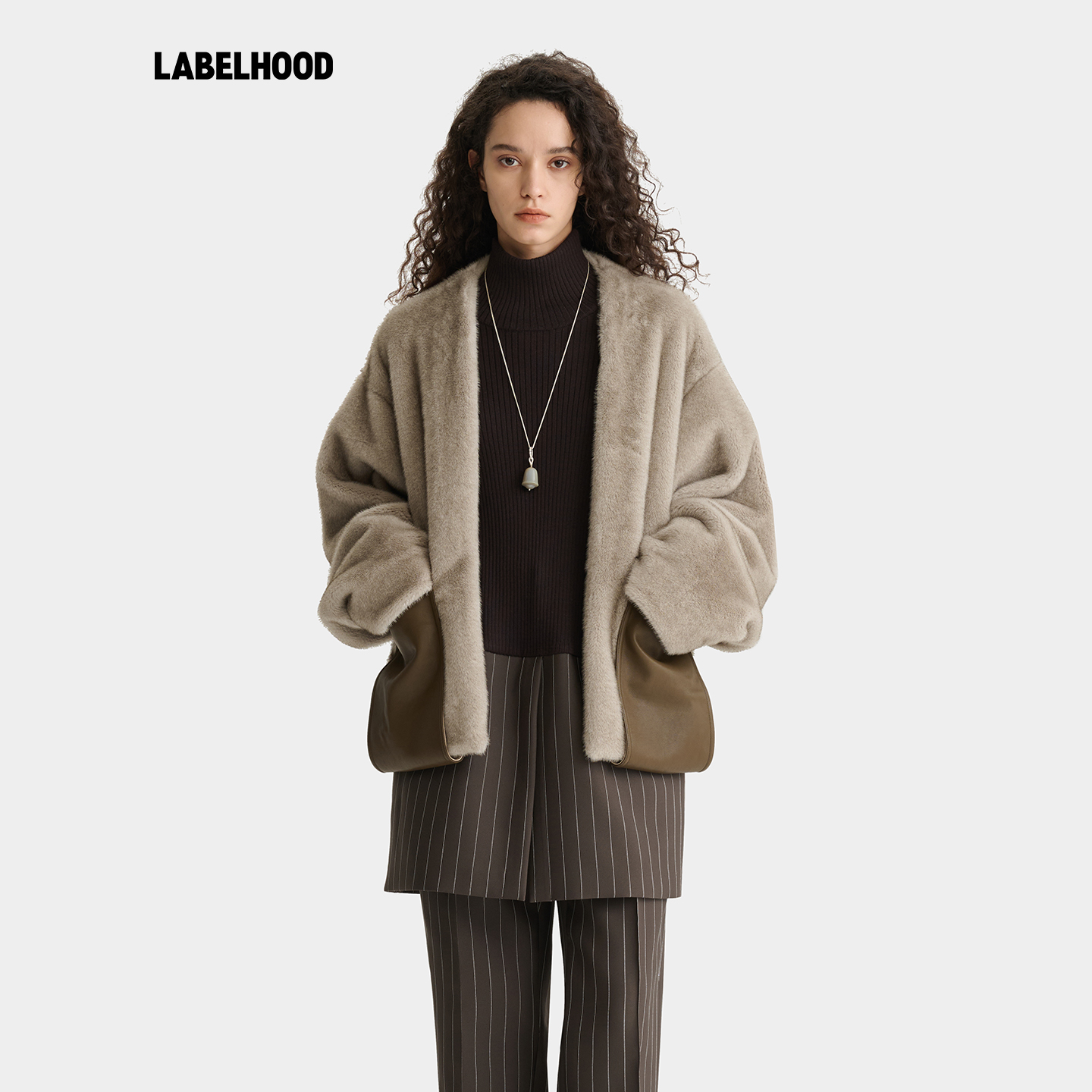 deepmoss燕麦色环保皮草廓形外套