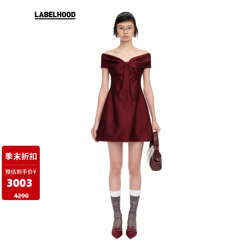 【SALE】【SHUSHUTONG】蕾虎蝴蝶结一字肩连衣裙秋冬流行裙子女