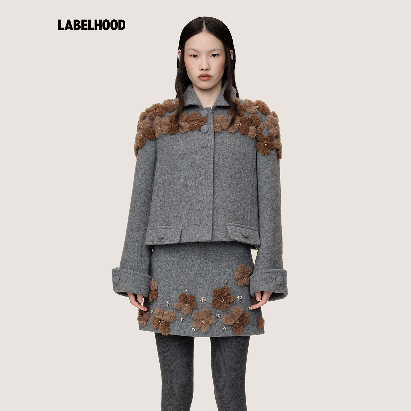 WMWM立体钉珠毛绒花短外套