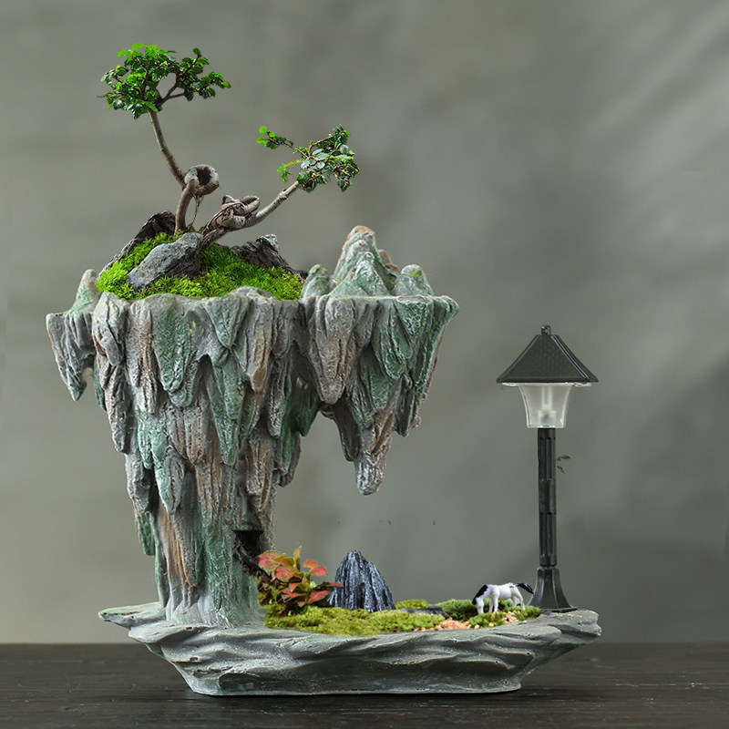 仿石头假山树脂花盆可亮路灯创意绿植文竹六月室内造景盆栽盆景盆