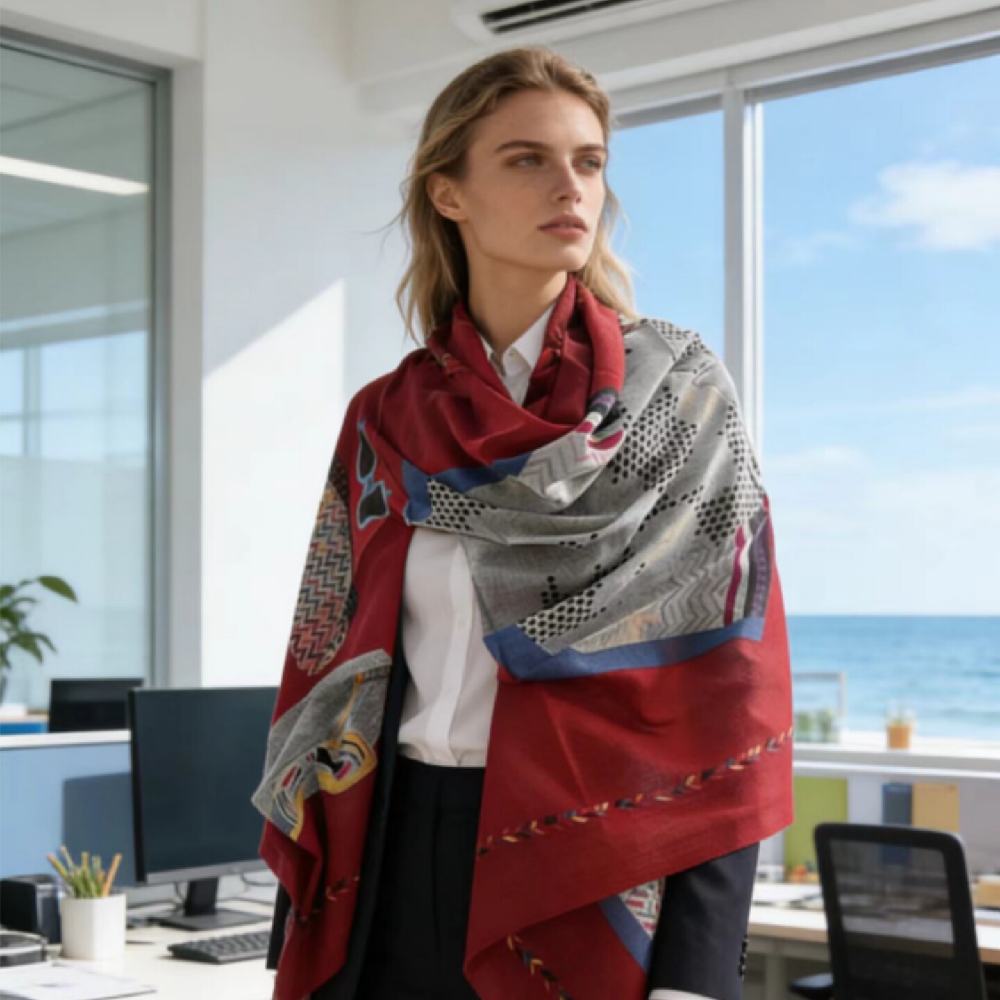 HTB 羊绒戒指绒春季围巾薄款几何图案印花夏季空调轻奢披肩女外搭