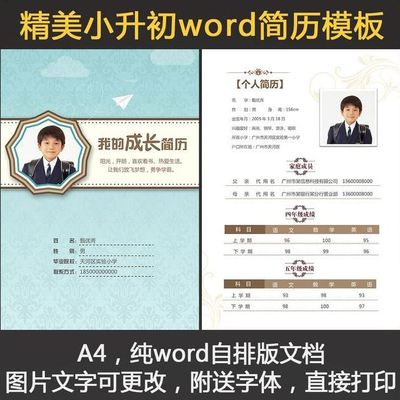 小升初简历模板word电子版升学生个人介绍毕业择校自荐信成长档案