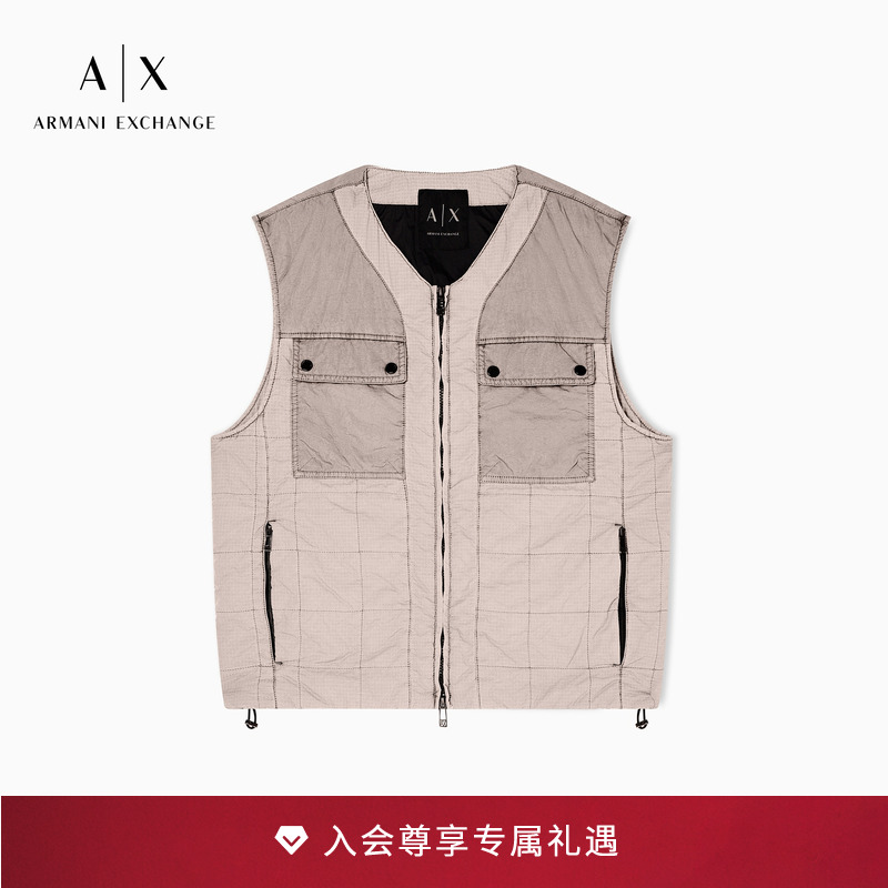 AX/阿玛尼男士拉链格纹棉服马甲