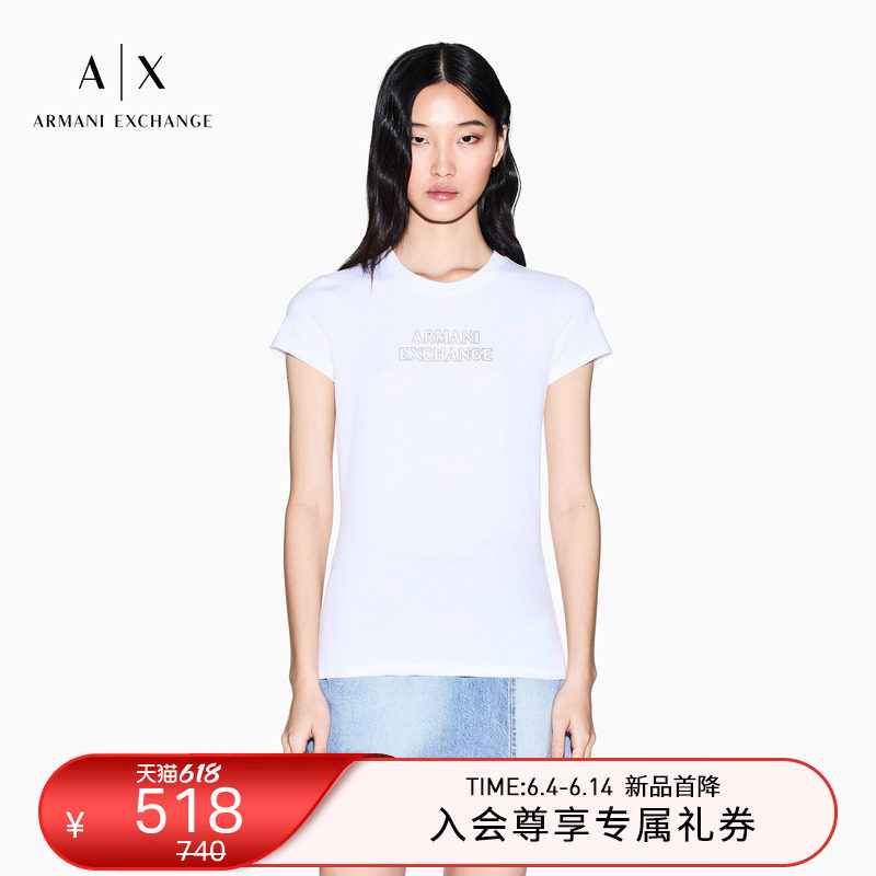 ARMANI EXCHANGE/阿玛尼春夏新款女圆领短袖正肩水钻弹力棉薄T恤