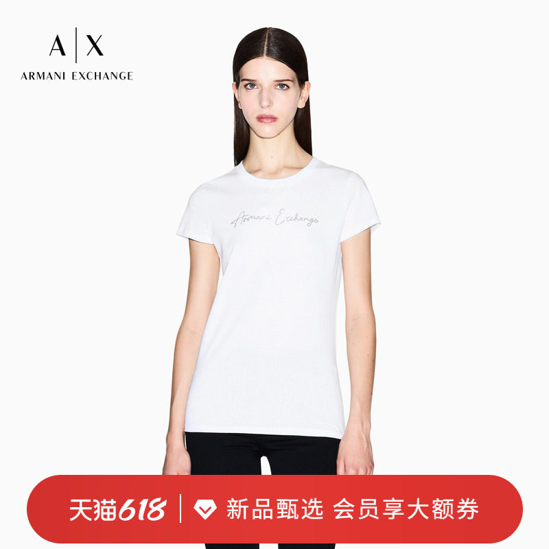 ARMANI EXCHANGE/阿玛尼女士圆领短袖正肩水钻纯棉轻薄修身T恤