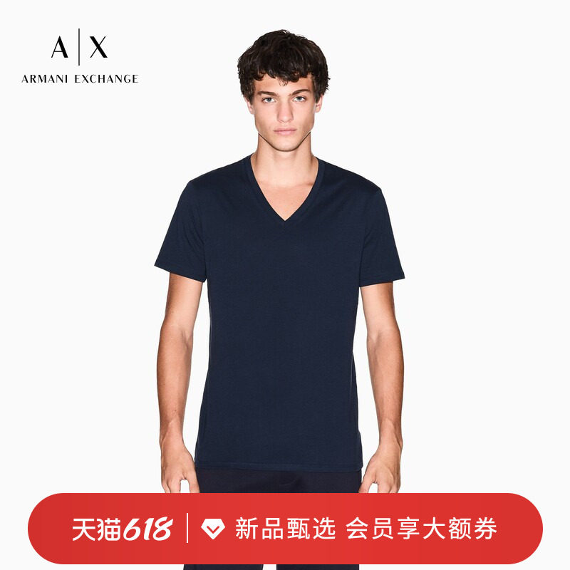 ARMANI EXCHANGE/阿玛尼男女情侣款V领短袖正肩老钱风纯棉修身T恤