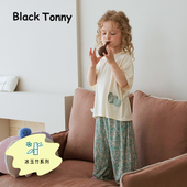 儿童家居服套装 小黑托呢26夏季 女童睡衣洋气女宝空调服薄碎花短袖