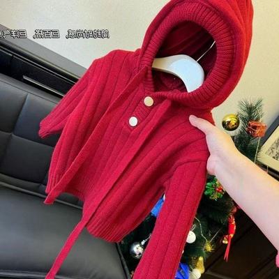 儿童圣诞毛衣冬季宝宝保暖红色针织衫男童女童冬装连帽上衣童装潮