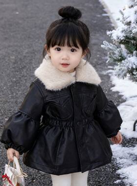 2025新款女童pu皮衣外套秋冬装洋气翻领加厚女宝宝防风皮衣夹棉潮