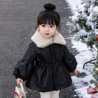 2025新款女童pu皮衣外套秋冬装洋气翻领加厚女宝宝防风皮衣夹棉潮