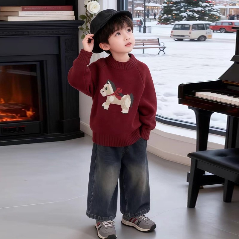 圣诞节男孩毛衣针织衫2025新款冬装中大儿童红色卡通小马加厚上衣