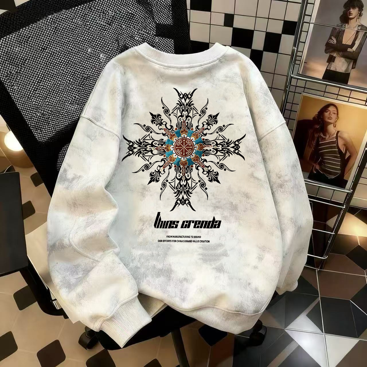 奥特莱斯~品牌外贸专柜捡漏国潮新款秋冬加绒扎染圆领宽松卫衣ins