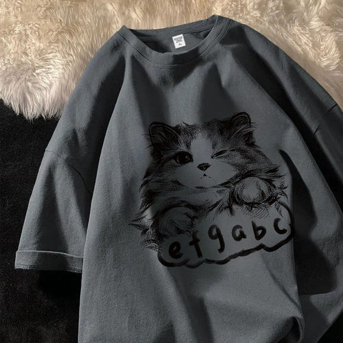 外贸原单正品尾货清仓~男女情侣简约新款小猫印花短袖T恤纯棉上衣