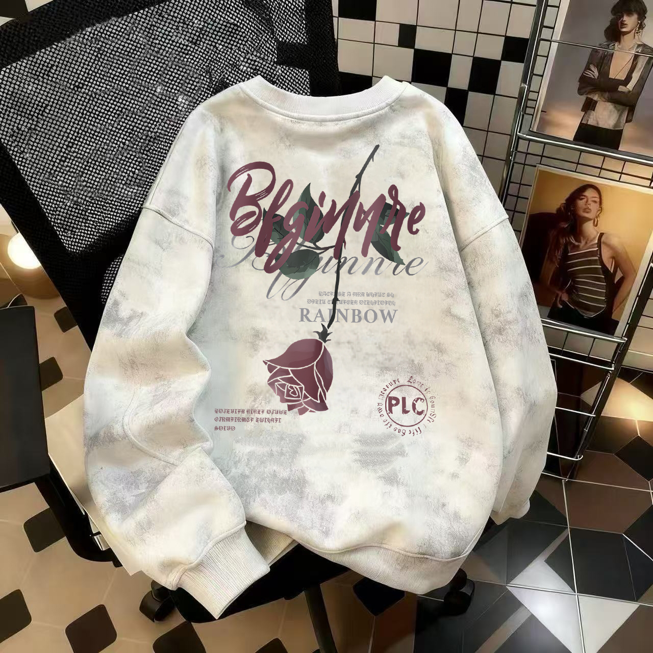 奥特莱斯~品牌外贸专柜捡漏国潮新款秋冬加绒扎染圆领宽松卫衣ins