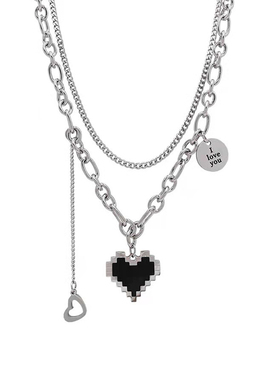 Wliu马赛克爱心叠戴项链女款轻奢精致流苏吊坠钛钢锁骨链生日礼物