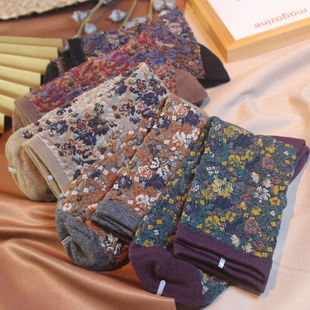 秋冬季袜子女韩版中筒袜文森系松口碎花堆堆袜民族风ins潮长筒袜