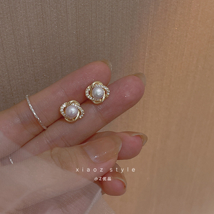韩国淡水珍珠耳环女复古法式 优雅S925银针气质高级感耳钉耳饰潮