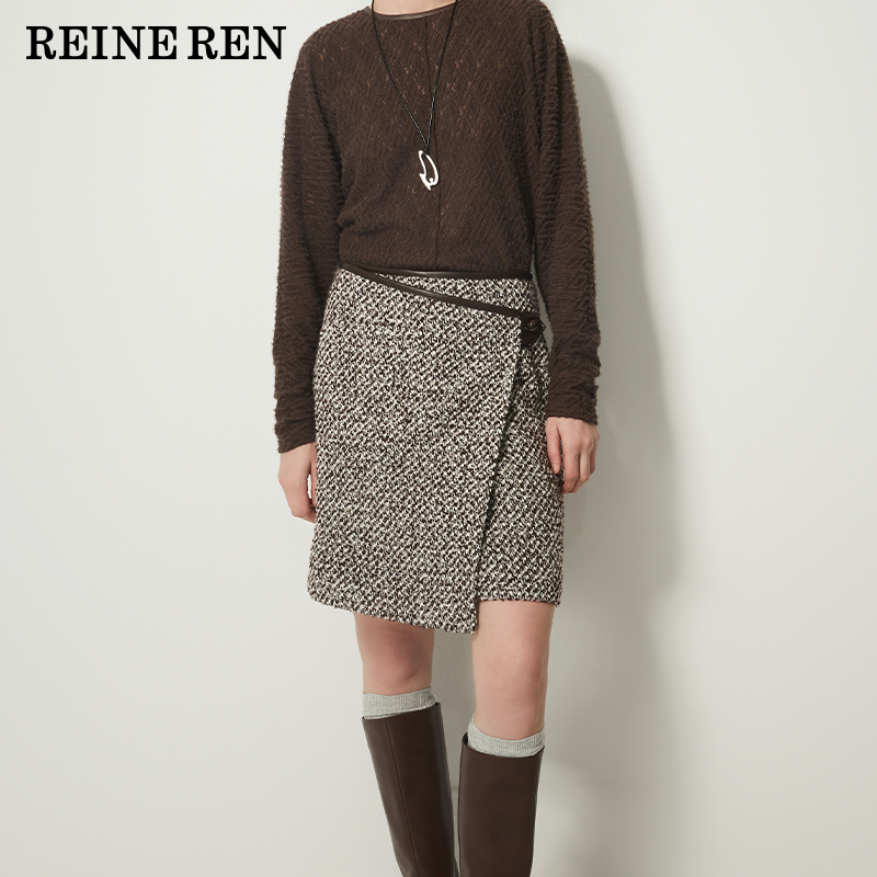 REINEREN任茜设计师款2025秋冬新花纱粗花呢围裹式小香风包臀半裙