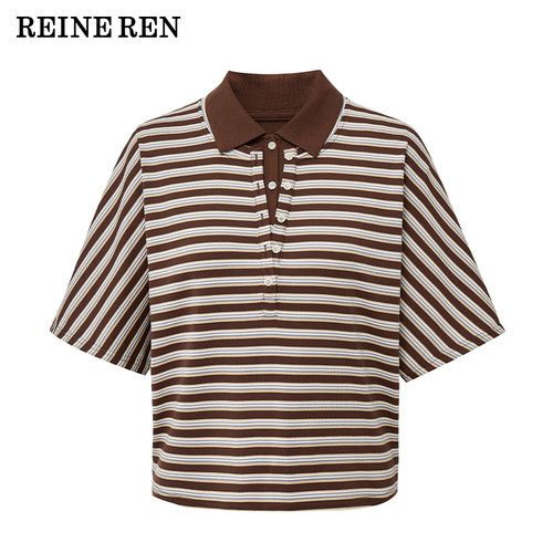 REINEREN任茜设计师款2026新款棕色复古假两件条纹蝙蝠袖POLO衫