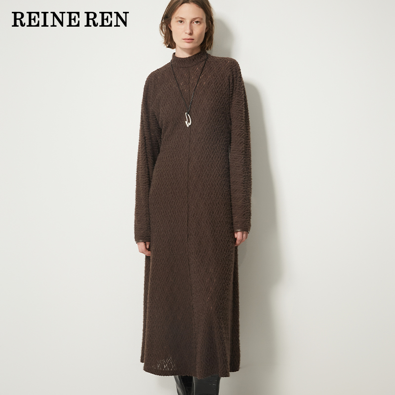 REINEREN任茜设计师款2025秋冬新款毛羽蕾丝半高领收腰A型连衣裙