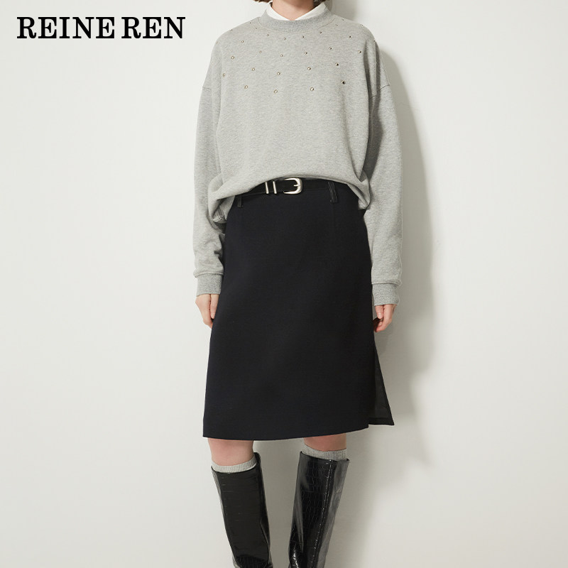 REINEREN任茜设计师款秋冬藏青色毛呢小A型中长款半身裙