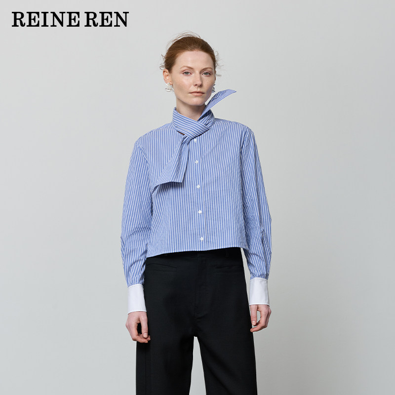 REINEREN任茜设计师款2026春新款航海风条纹短款箱型宽幅系领衬衫