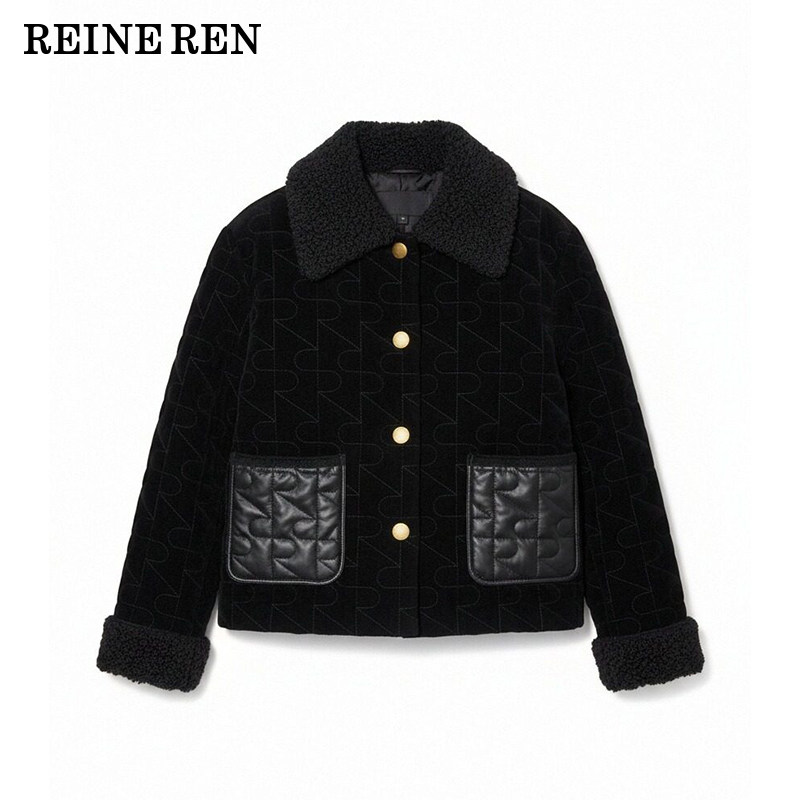 【现货】REINEREN任茜设计师款黑色平绒刺绣3M棉箱型棉服短外套