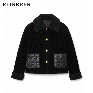 【现货】REINEREN任茜设计师款黑色平绒刺绣3M棉箱型棉服短外套