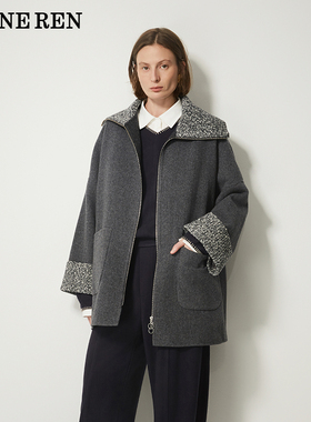 【现货】REINEREN任茜2025冬季新款毛领拼接A型中长款毛呢大衣女