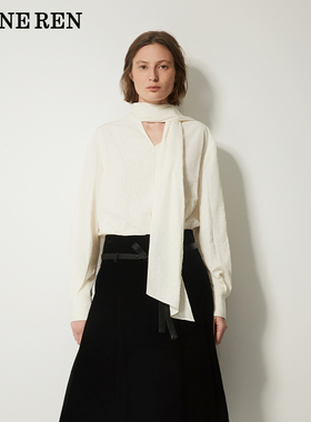 【现货】REINEREN设计师任茜2026春季新品白色飘带围巾领褶皱衬衫