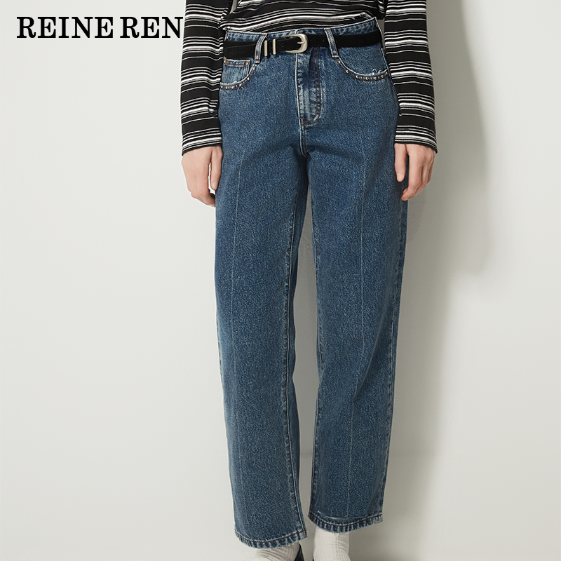 复古破洞水洗蓝高腰九分牛仔裤