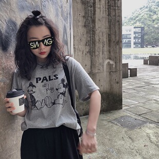 T恤女 BF风复古ins风浅灰色米奇米老鼠唐老鸭字母印花宽松纯棉短袖