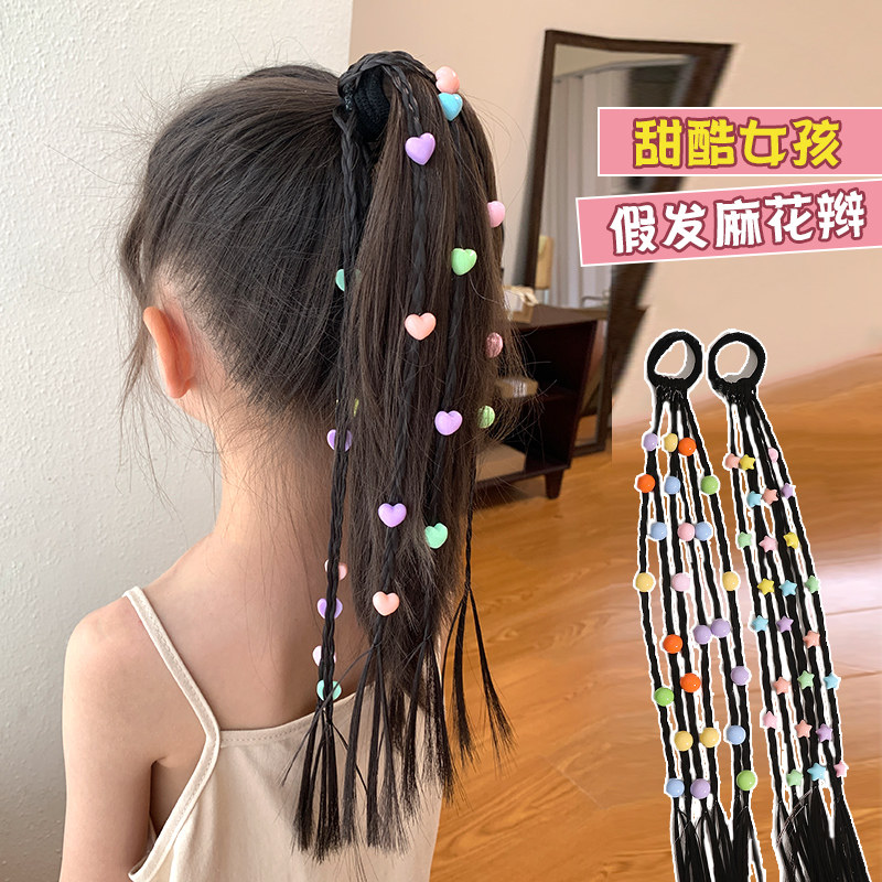 新款儿童爱心假发辫发圈女童高马尾免扎发神器小女孩甜酷拳击辫子