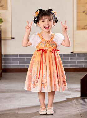 夏款女童汉服连衣裙橙色刺绣中国风旗袍裙公主裙儿童古风超仙裙子