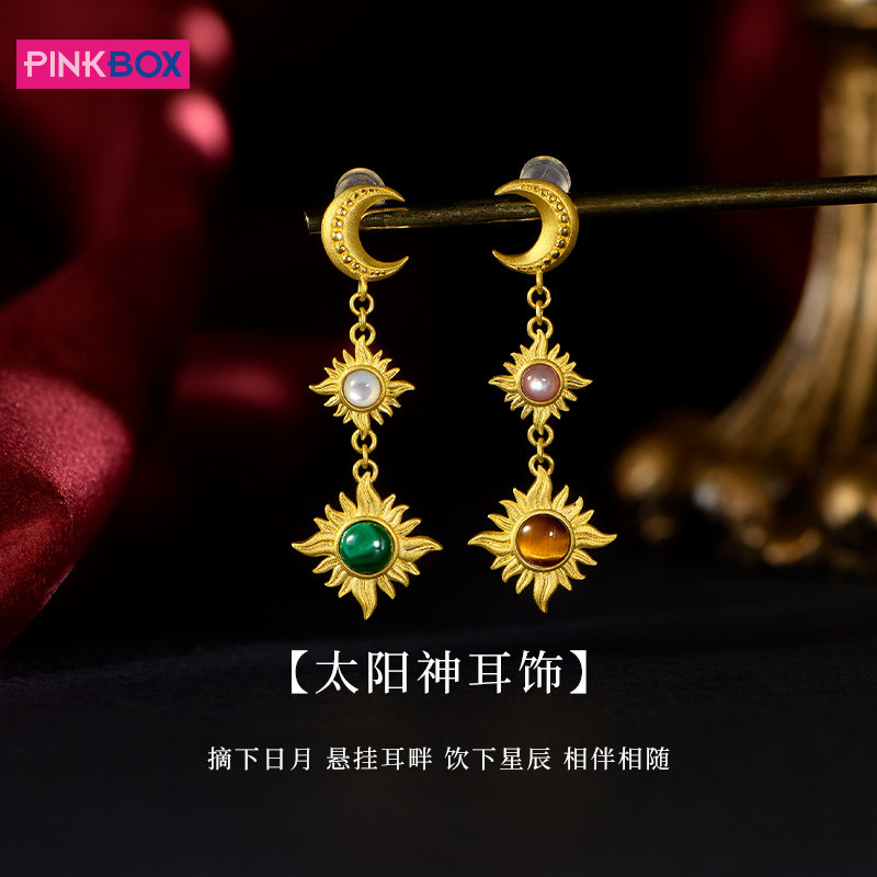 PINKBOX/娉饰珠宝足金耳钉镶嵌孔雀虎晴石白贝粉贝太阳神黄金耳饰