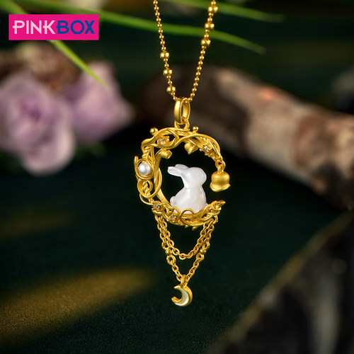 PINKBOX/娉饰珠宝黄金吊坠铃兰星月兔手工镶嵌白贝母足金挂坠新品