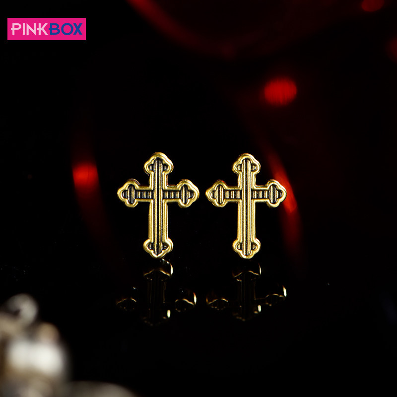 PINKBOX/娉饰珠宝耳饰黑金三叶十字架风尚电黑黄金工艺耳钉轻奢