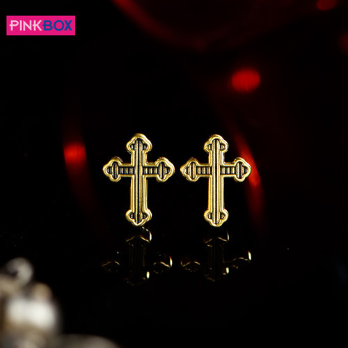 PINKBOX/娉饰珠宝耳饰黑金三叶十字架风尚电黑黄金工艺耳钉轻奢
