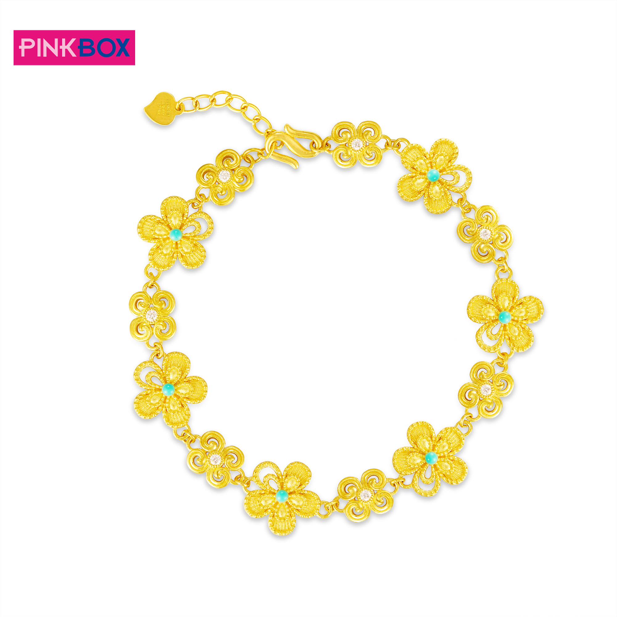 PINKBOX/娉饰珠宝足金花丝花朵手链珐琅莫桑石镶嵌黄金手链新品