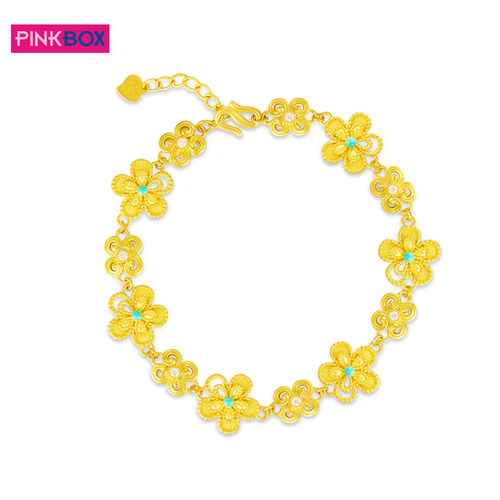 PINKBOX/娉饰珠宝足金花丝花朵手链珐琅莫桑石镶嵌黄金手链新品