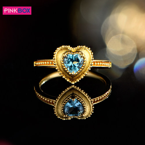 PINKBOX/娉饰珠宝黄金戒指心形爱心足金指环镶嵌托帕石海洋之心