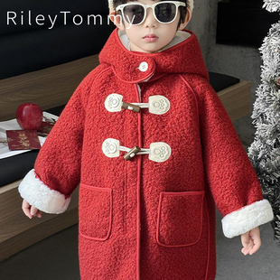 呢大衣 喜庆冬季 英国Riley Tommy儿童红色拜年服男童加绒2026新款