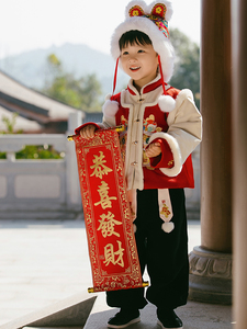 原创汉服男童冬款加厚加绒唐装喜庆红色龙年拜年服女宝宝新年套装