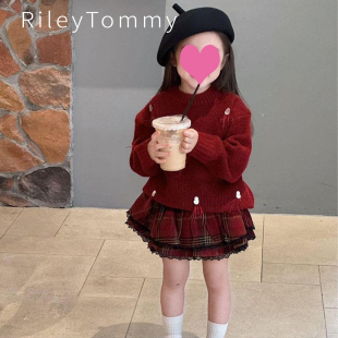儿童针织衫 裙子两件套 秋冬新款 英国RileyTommy女童红色拜年服套装