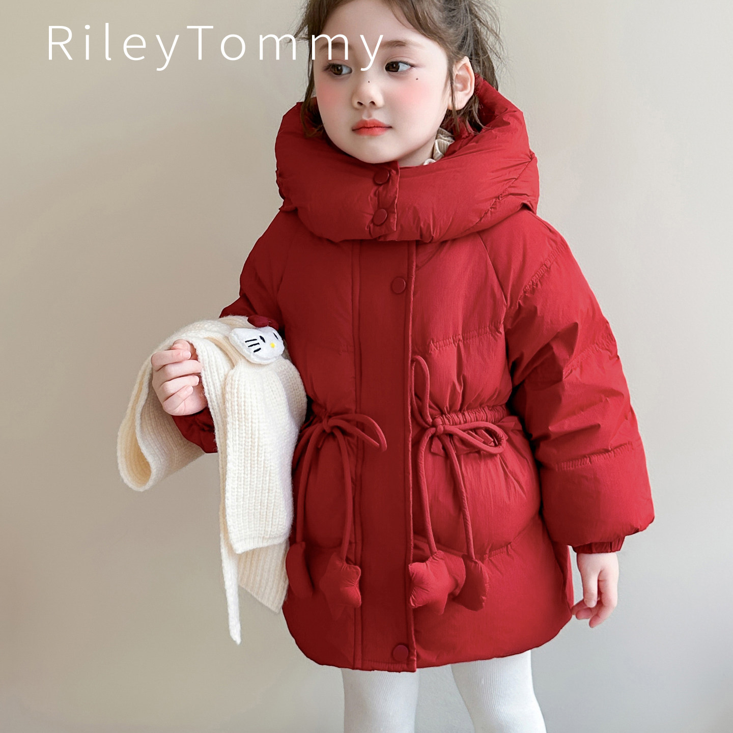 英国RileyTommy女童羽绒服冬装新款儿童红色中长款宝宝收腰外套暖