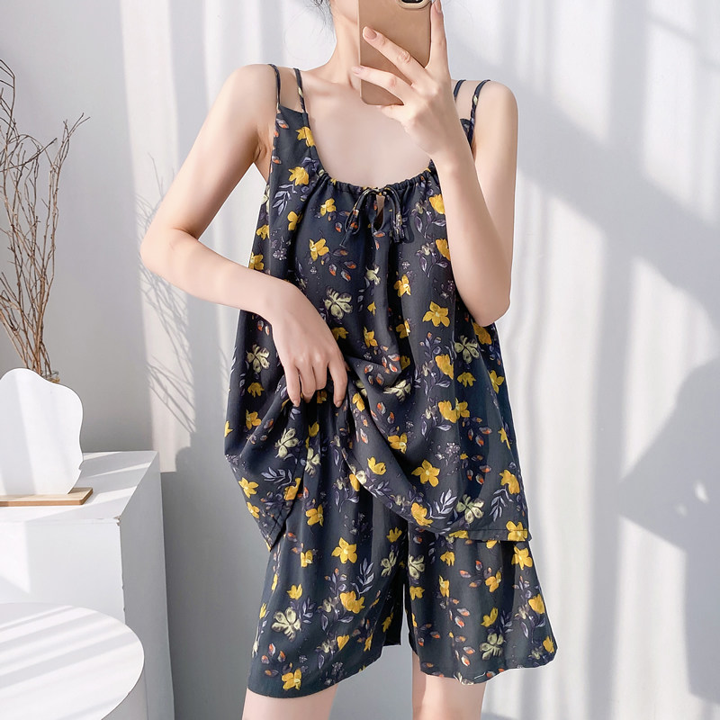 带胸垫吊带短裤棉绸睡衣夏天女薄款绵绸睡衣人造棉家居服两件套装