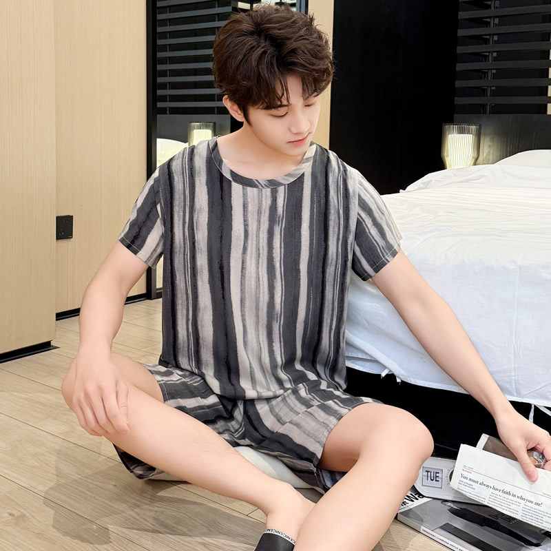 青少年棉绸睡衣男童夏季薄款短袖短裤初中生家居服人造棉套装大码