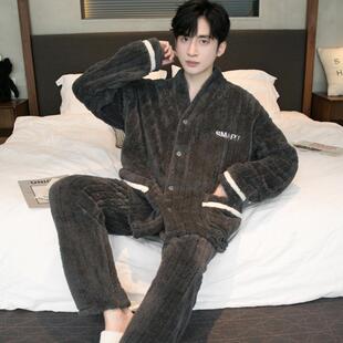 加厚法兰绒睡衣男冬季加绒长毛绒开衫保暖中青年珊瑚绒家居服套装
