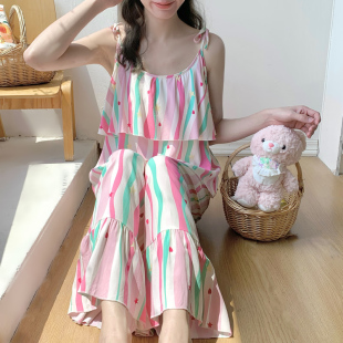 家居服夏 新款 棉绸阔腿裤 性感吊带睡衣女九分裤 绵绸宽松度假风时尚