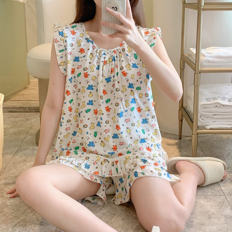 女士棉绸睡衣短袖短裤新款人造棉可爱卡通韩版可外穿绵绸两件套装